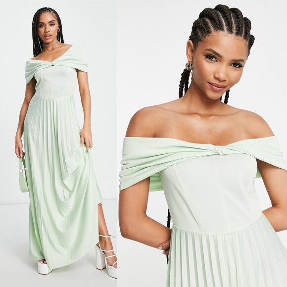 Whimsical Fairy Romantic Garden Twist Off Shoulder Pleated Maxi Dress Sage 8 NEW - Picture 7 of 12